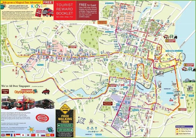 Mapa de excursiones en autobús Hop On Hop Off de Singapur